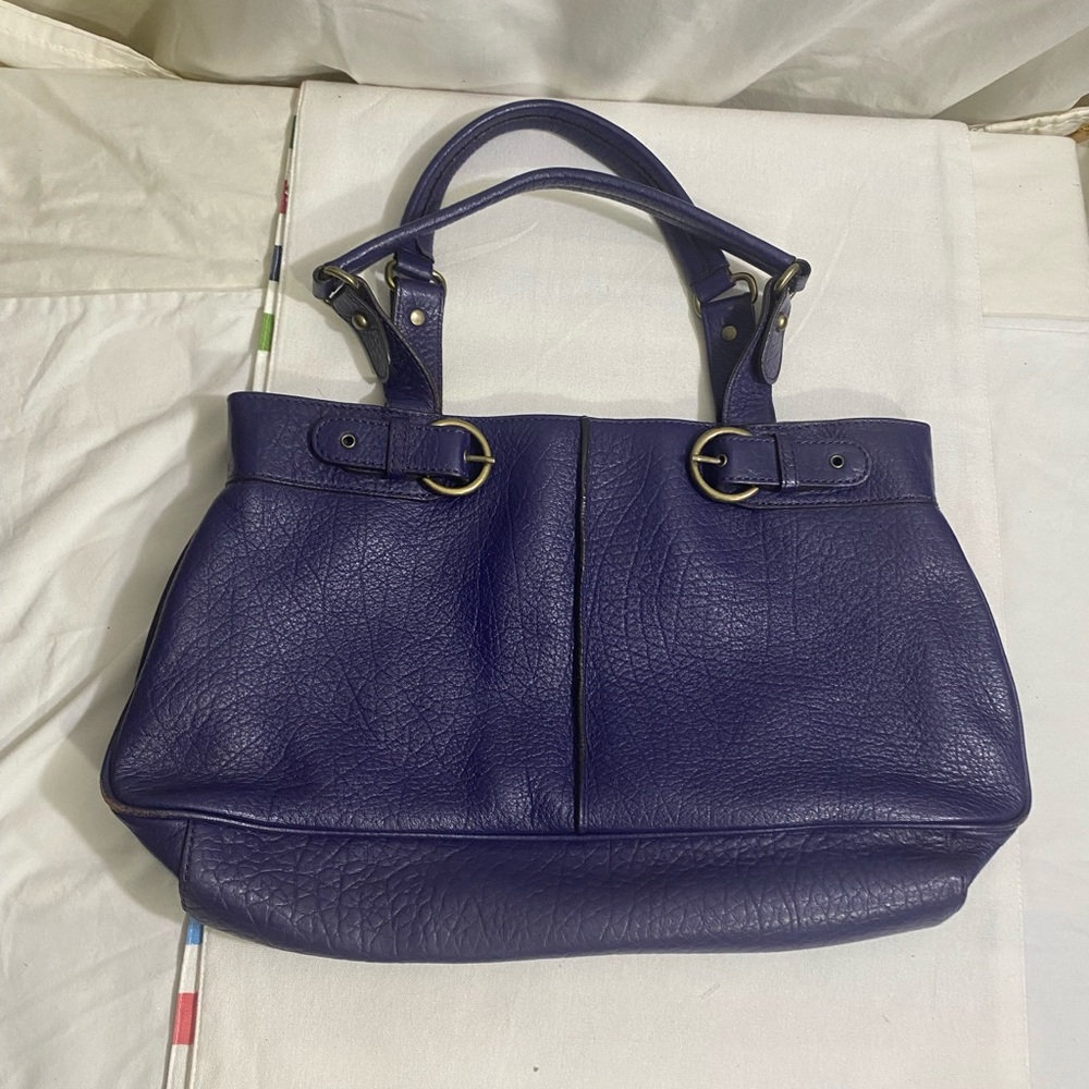 Adrienne Vittadini Purple Pebbled Faux Leather Shoulder Handbag Buckle Accent